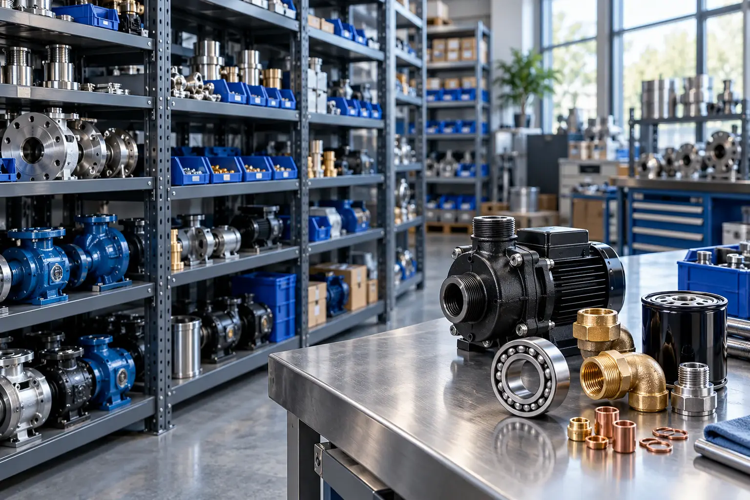 Organised spare parts shelves and precision components on a modern workbench